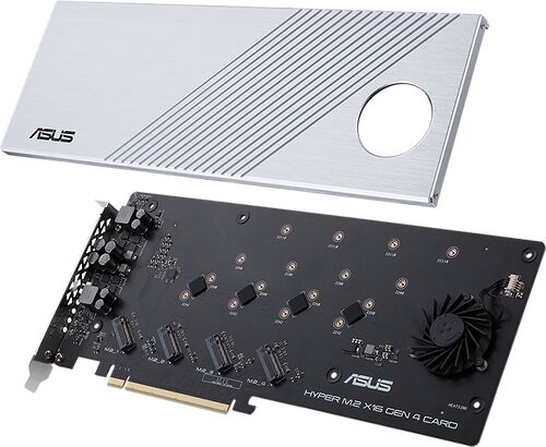 Carte d'extension ASUS Hyper M.2 X16 Gen 4 avec son dissipateur thermique argenté, permettant d'ajouter plusieurs disques SSD M.2 sur un port PCIe.