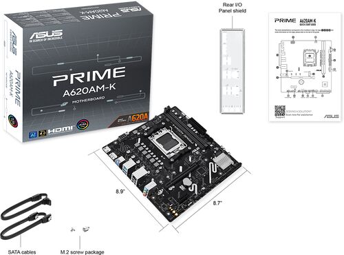 Carte mère ASUS Prime A620AM-K présentée avec sa boîte d'emballage et son guide de démarrage rapide. La carte mère est de couleur noire avec des composants visibles.