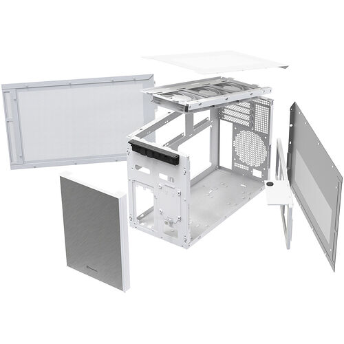 Boîtier PC blanc déconstruit montrant les panneaux latéraux en métal et la structure interne avec les emplacements pour composants.