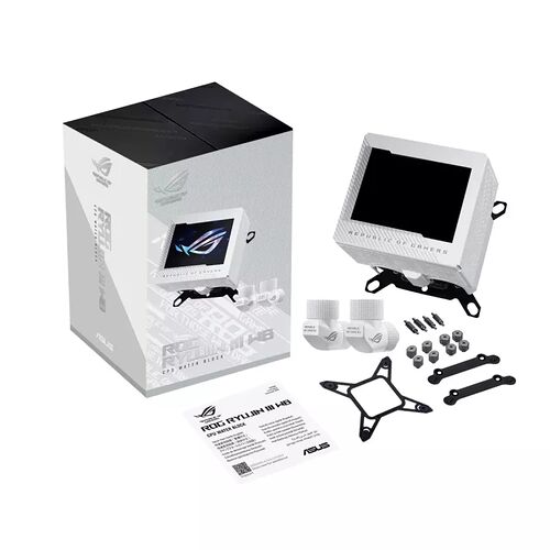 Bloc de refroidissement CPU ROG Ryujin III WB de ASUS, comprenant le waterblock avec écran LCD intégré, des raccords, des supports de montage et la documentation.