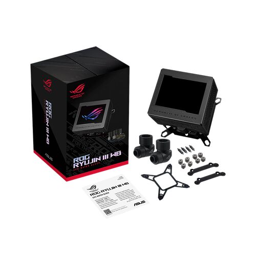 Bloc de refroidissement liquide ASUS ROG Ryujin III WB avec son écran LCD intégré, accompagné de ses accessoires de montage et de sa documentation.