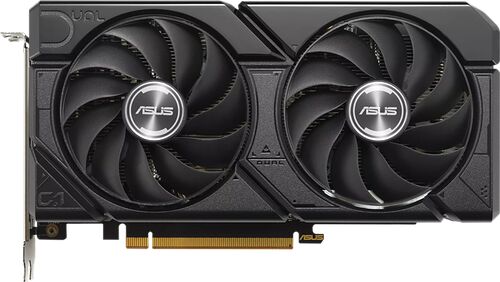 Carte graphique ASUS Dual avec deux ventilateurs noirs et un design compact.