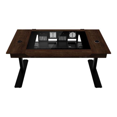 Bureau gaming en bois avec un panneau de contrôle intégré et un compartiment vitré sur le dessus pour exposer les composants.