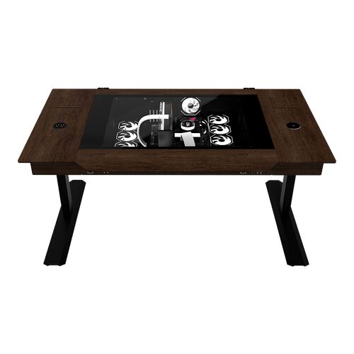 Bureau de gamer en bois avec un panneau central en verre transparent laissant apparaître les composants d'un PC à l'intérieur. Le bureau possède des pieds noirs robustes.