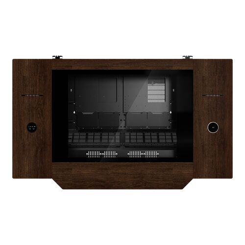 Boîtier PC au design en bois sombre avec une large vitre latérale transparente laissant apparaître les composants internes.