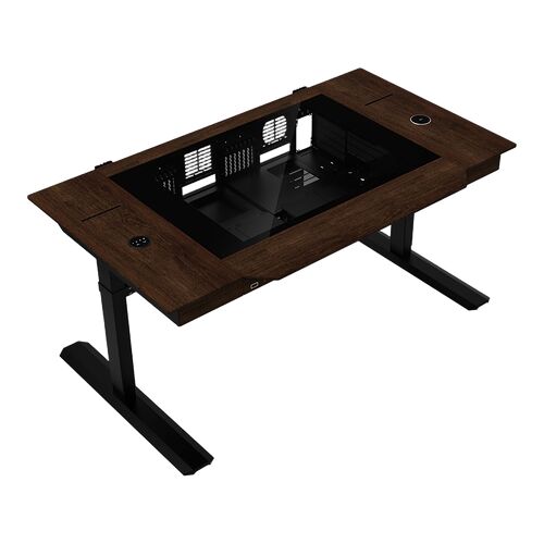 Bureau assis-debout avec plateau en bois foncé et une zone centrale de gestion des câbles intégrée en verre noir. Le bureau possède un cadre métallique noir avec des pieds réglables.