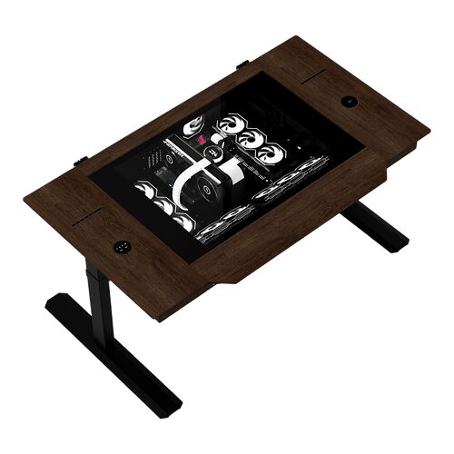 Bureau gamer en bois avec un écran intégré au centre du plateau, monté sur un pied réglable noir.
