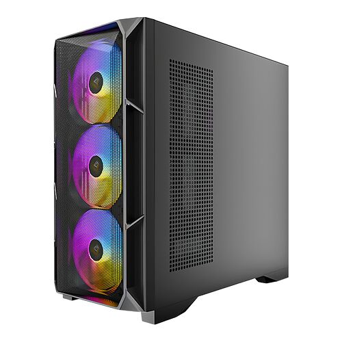 Boîtier PC noir avec trois ventilateurs avant rétroéclairés par des LED multicolores et une façade en mesh.