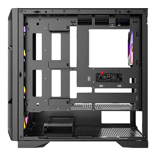 Boîtier PC noir avec panneau latéral en verre trempé, montrant l'espace interne pour l'installation des composants et des ventilateurs avec éclairage RGB.