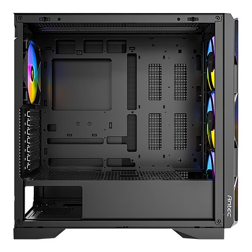 Boîtier PC Antec noir avec trois ventilateurs RGB installés à l'arrière et sur le côté droit.