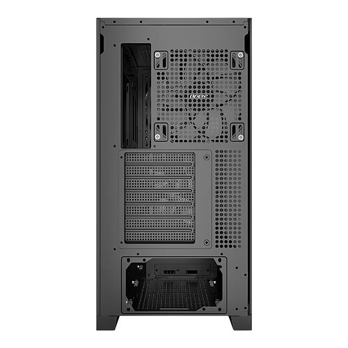 Boîtier PC noir avec panneau latéral en verre trempé et une grille de ventilation perforée à l'arrière pour une meilleure circulation de l'air.