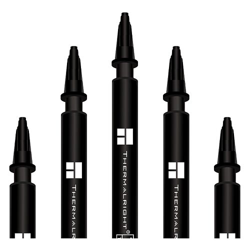 Cinq tubes de pâte thermique de la marque Thermalright, de tailles différentes, présentés sur un fond blanc.