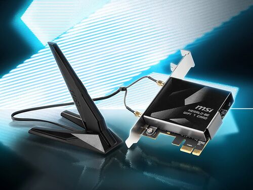 Carte réseau MSI Herald-BE WiFi 7 avec son antenne externe noire sur un support.