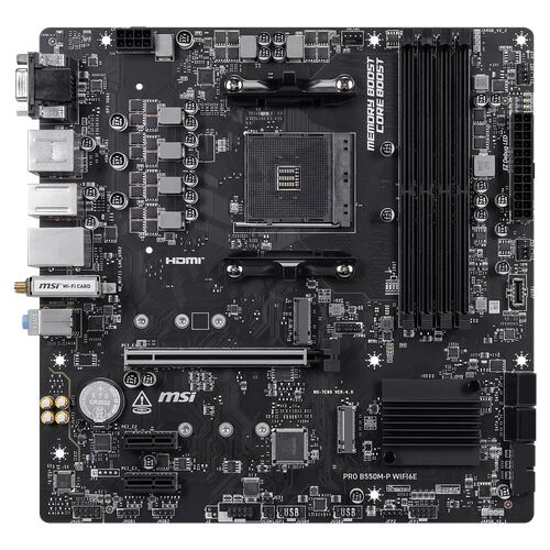 Carte mère MSI PRO B550M-P WIFI6E avec dissipateurs thermiques noirs, emplacements de mémoire RAM et ports de connectivité visibles sur un circuit imprimé noir.