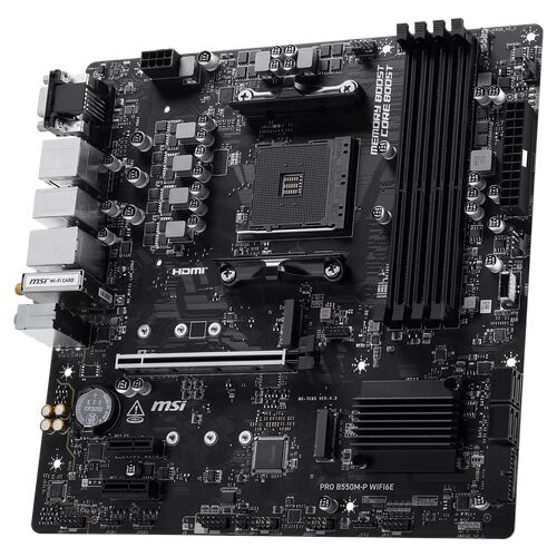 Carte mère MSI PRO B550M-P WIFI6E de couleur noire, équipée de plusieurs emplacements de mémoire RAM et d'un socket pour processeur.