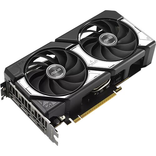 Carte graphique ASUS avec deux ventilateurs noirs et des finitions argentées.