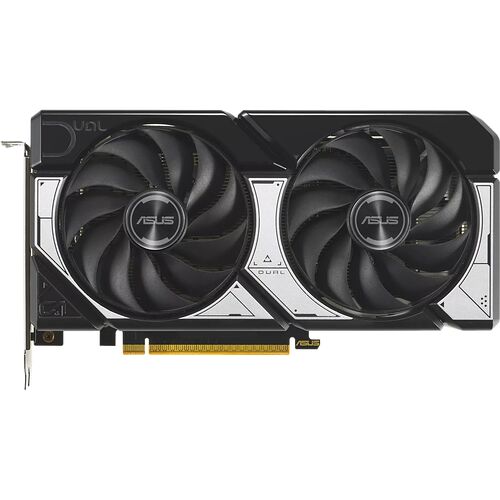 Carte graphique ASUS Dual avec deux ventilateurs noirs et des détails argentés.
