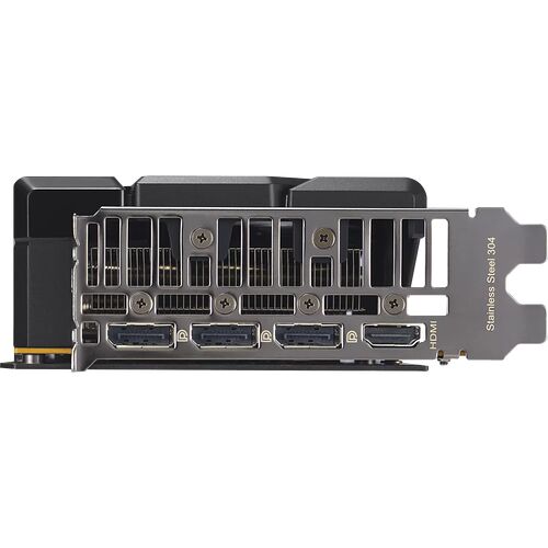 Carte graphique avec un boîtier en acier inoxydable, équipée de plusieurs ports de sortie HDMI et DisplayPort.
