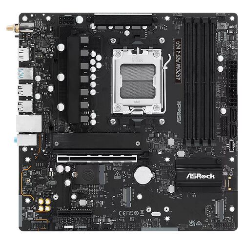 Carte mère ASRock AB620M PRO-A WiFi pour processeur AMD Ryzen, avec socket AM5, quatre emplacements de mémoire RAM et divers connecteurs de périphériques.