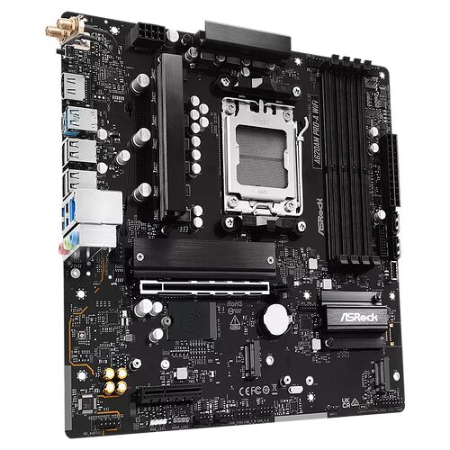 Carte mère ASRock AM5 avec dissipateurs thermiques noirs, socle processeur et ports de connectivité à l'arrière.
