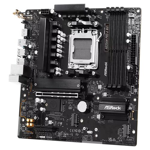Carte mère ASRock AM5 avec dissipateurs thermiques noirs, quatre emplacements de mémoire RAM et un socket processeur central.