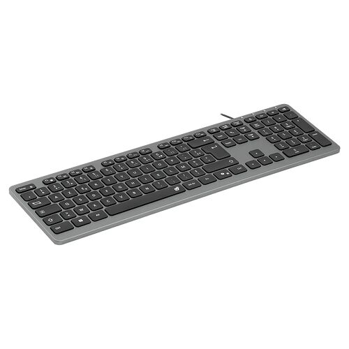 Clavier d'ordinateur gris avec touches rétroéclairées et pavé numérique.