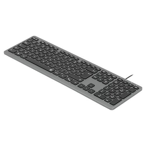 Clavier d'ordinateur sans fil de couleur grise avec touches noires, présenté sur un fond blanc.