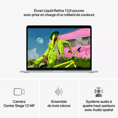 Ordinateur portable avec écran Liquid Retina affichant une personne sur un vélo, accompagné d'une caméra Center Stage 12 MP, de trois micros et d'un système audio spatial à quatre haut-parleurs.