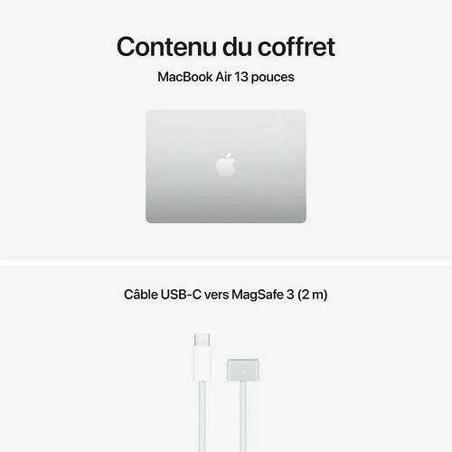 Contenu du coffret pour un MacBook Air 13 pouces, comprenant l'ordinateur portable argenté et un câble USB-C vers MagSafe 3 de 2 mètres.