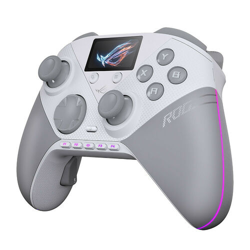 Manette de jeu ASUS de couleur blanche et grise avec des touches de commande et un petit écran central affichant un logo. Elle possède des grips texturés et un liseré lumineux violet sur le côté.