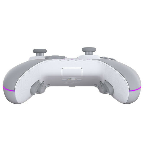 Manette de jeu sans fil de couleur gris clair et blanc avec des touches de couleur violette sur les côtés.