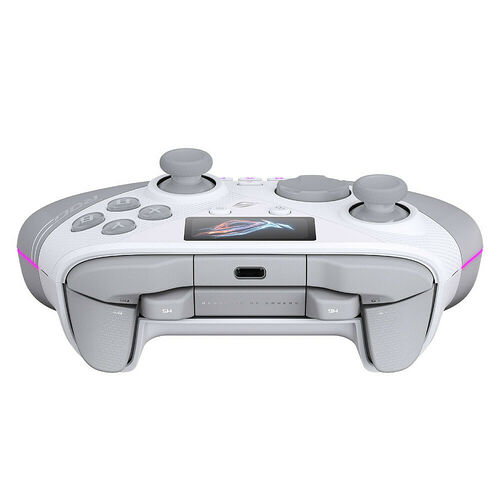 Manette de jeu ASUS ROG de couleur blanche et grise, dotée d'un petit écran numérique central et de sticks analogiques gris.