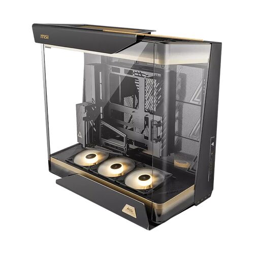 Boîtier PC MSI avec une structure noire et des détails dorés, doté d'une large paroi latérale en verre trempé laissant apparaître les composants internes.