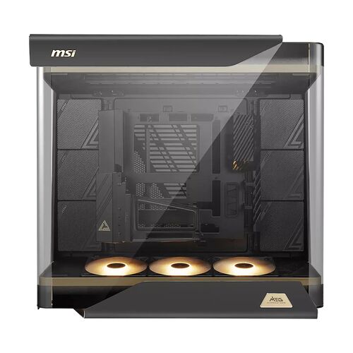 Boîtier PC MSI de la gamme MEG avec panneau latéral en verre trempé et trois ventilateurs rétroéclairés en bas.