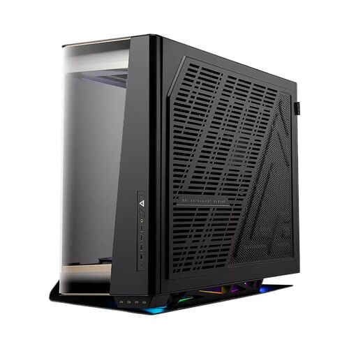 Boîtier PC MSI Enthusiast Gaming de couleur noire avec une façade en mesh perforée pour une meilleure ventilation et un panneau latéral en verre trempé.