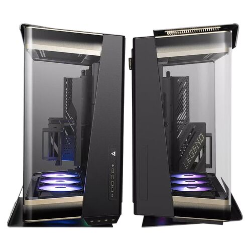 Boîtier PC ouvert présentant deux vues d'un même modèle, avec une structure noire et des panneaux latéraux transparents laissant apparaître les composants internes et l'éclairage RGB.