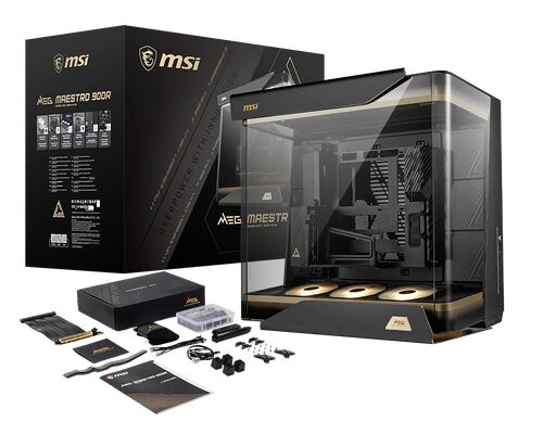 Boîtier PC MSI MEG Maestro 90R avec ses boîtes d'origine et ses composants internes visibles à travers la paroi transparente.