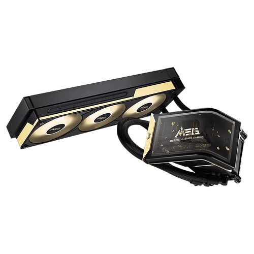 Refroidisseur liquide MSI MEG avec un bloc de refroidissement et un radiateur noir et doré.
