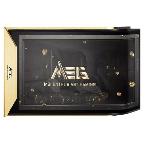 Carte graphique MSI de la gamme MEG avec un design luxueux noir et doré et un panneau latéral transparent.