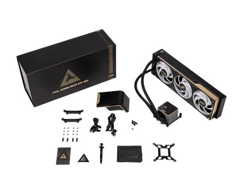 Kit de refroidissement liquide ASUS ROG Coreliquid avec son radiateur à trois ventilateurs, sa pompe et ses accessoires de montage.