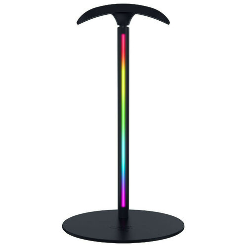 Support de casque noir avec un pied vertical éclairé par un ruban LED multicolore.