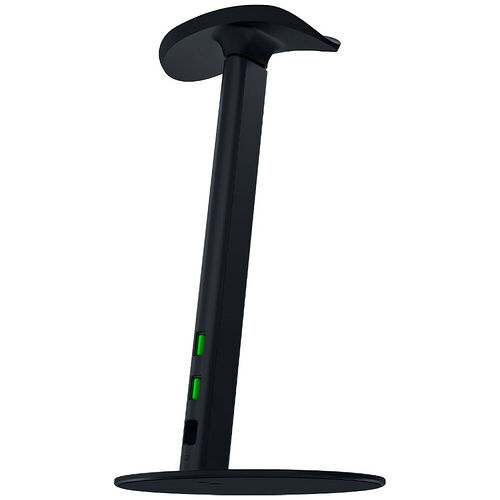 Support de casque noir avec une base circulaire et une tige verticale munie de deux indicateurs lumineux verts.