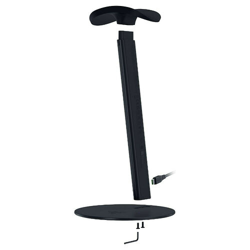Support d'écran noir composé d'un pied circulaire, d'une tige verticale et d'un plateau de fixation.