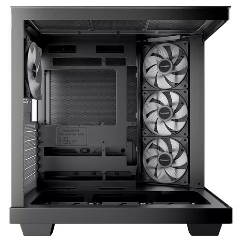 Boîtier PC noir de la marque be quiet! avec trois ventilateurs blancs installés à l'avant et un ventilateur à l'arrière.