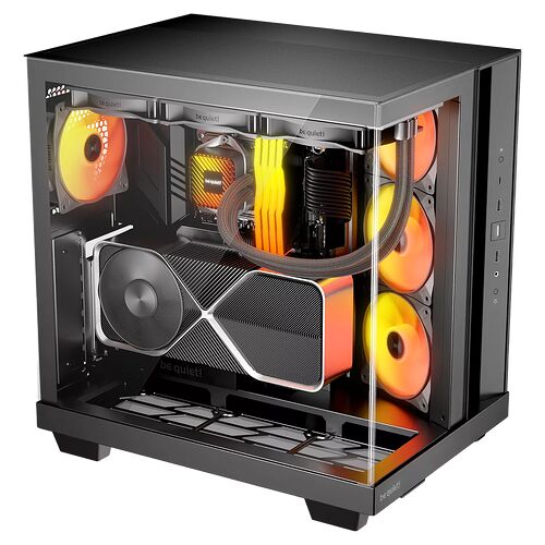 Boîtier PC be quiet! noir avec une paroi latérale en verre trempé, révélant des composants avec un éclairage orange, notamment un système de refroidissement liquide et plusieurs ventilateurs.