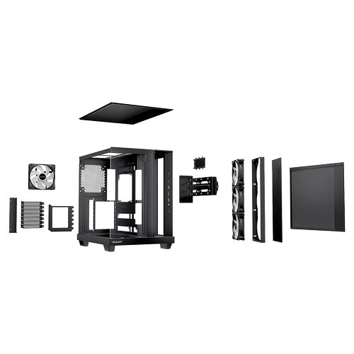 Composants de boîtier PC noir de la marque Be Quiet!, comprenant le châssis, des panneaux latéraux, des ventilateurs et des accessoires de montage.