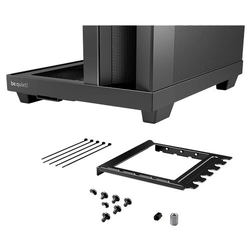 Boîtier PC be quiet! noir avec ses accessoires de montage, incluant des vis et des tiges de fixation.