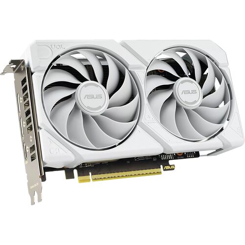 Carte graphique ASUS blanche avec deux ventilateurs blancs, conçue pour les configurations PC gaming.
