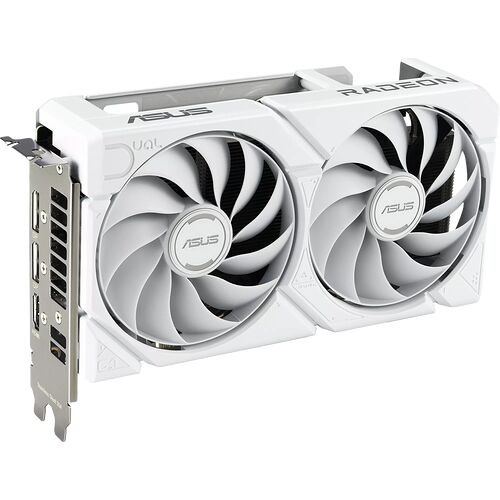 Carte graphique ASUS Radeon blanche avec deux ventilateurs blancs et un boîtier en métal argenté.