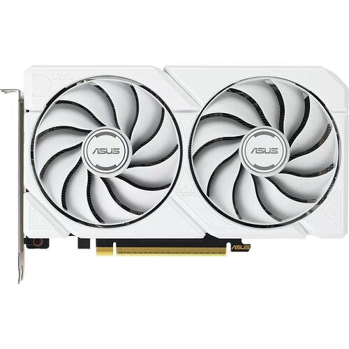 Carte graphique ASUS blanche avec deux ventilateurs de refroidissement.